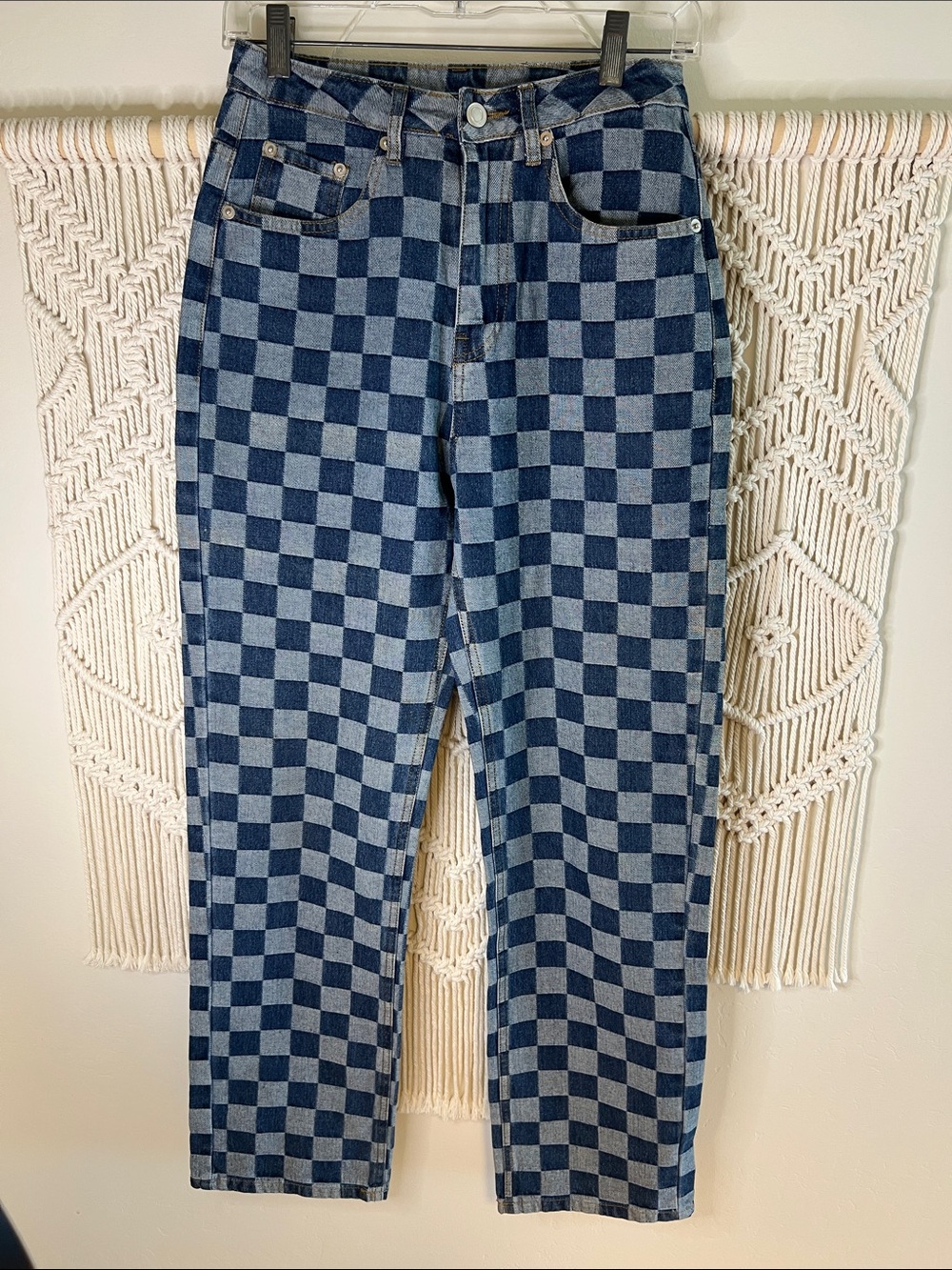 Women's Straight-Leg Checkerboard Denim Jeans in Blue